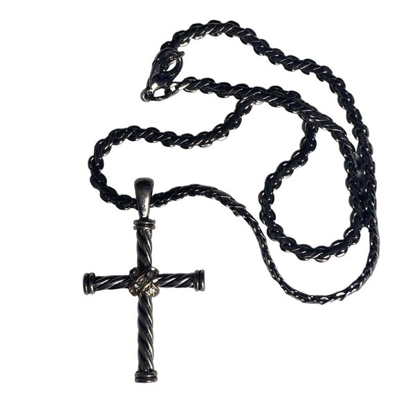 Silver Tone Rope Chain Necklace Chunky Twisted Cross Pendant Rhinestone Accents - Picture 7 of 9